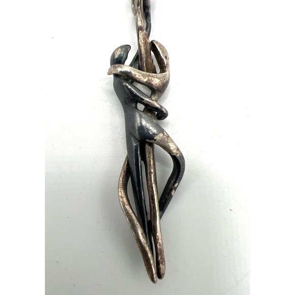 Silver Couple Pendant Necklace 18" Chain Yin Yang Dance Abstract Modernist Vtg - Picture 7 of 10